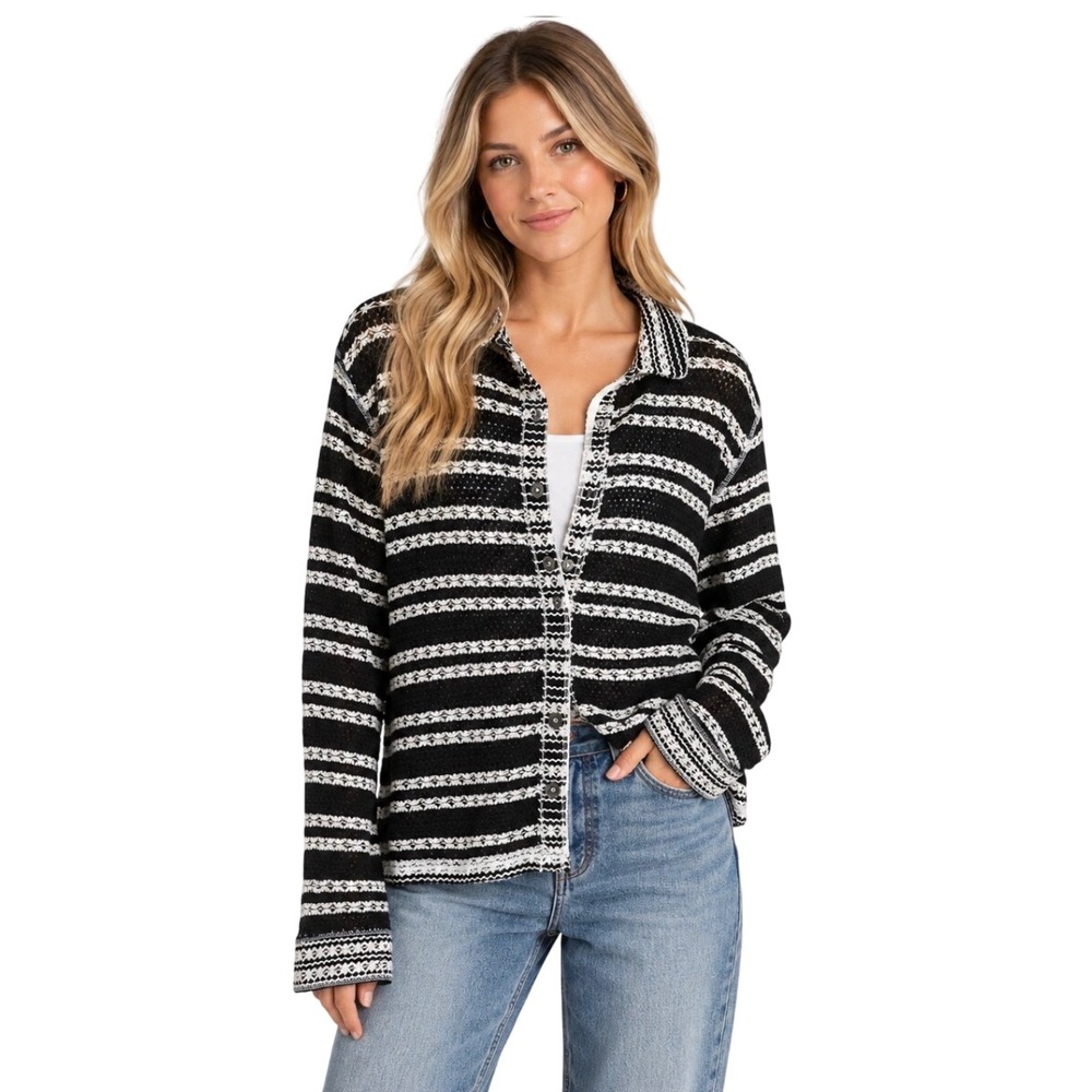 We The Free Free People Black White Striped Crochet Knit Button Down Shirt XL